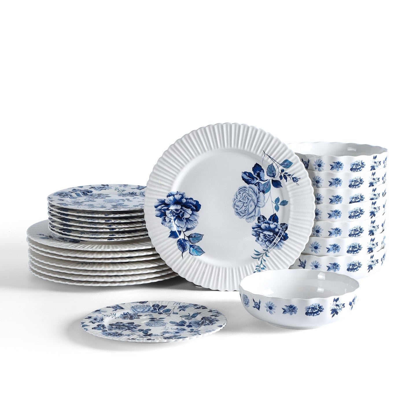 Stone Lain Fiore New Bone China 12-Piece Dinnerware Set, Blue