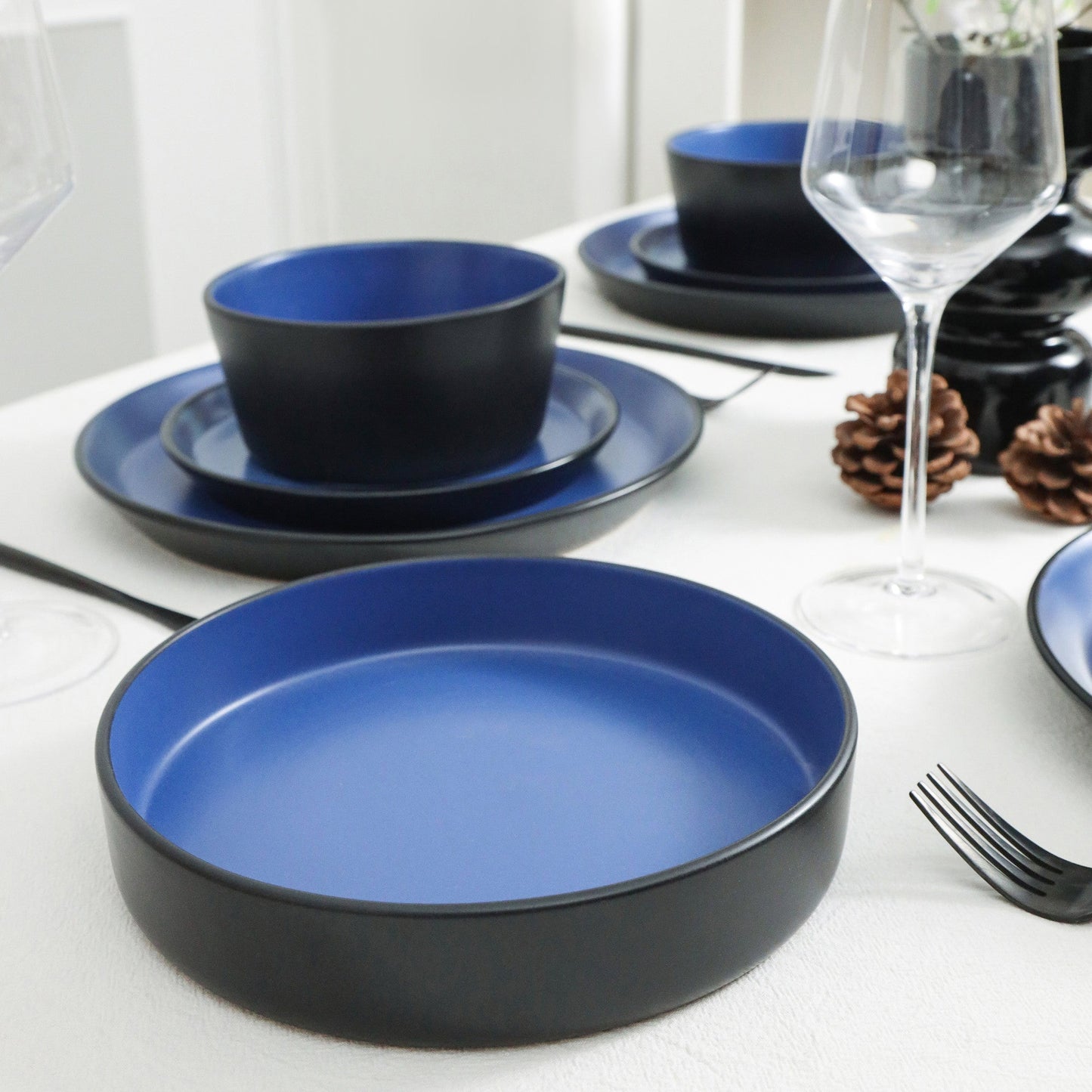 Albie Stoneware Pasta Bowl - Blue And Black