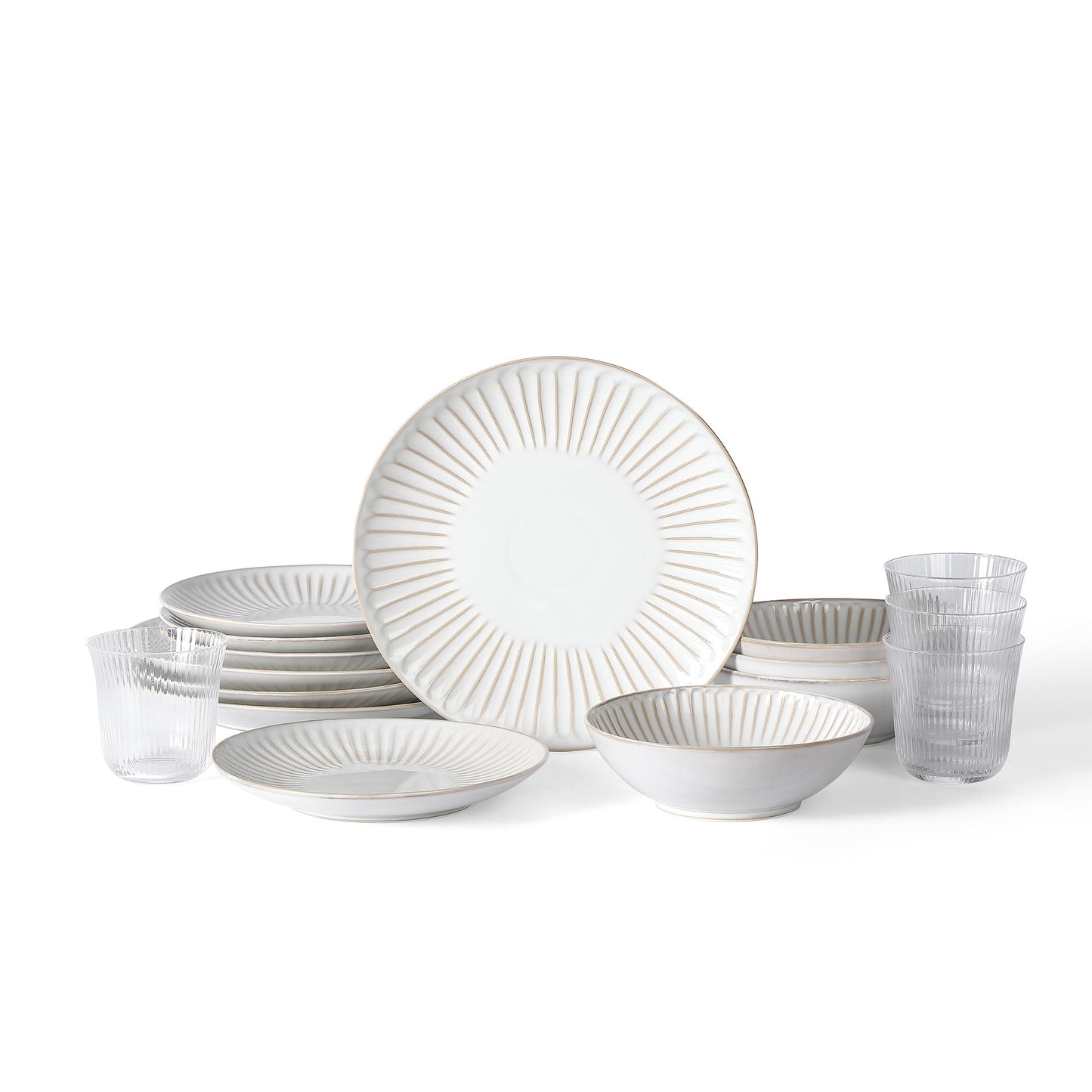 Stone Lain Linea Stoneware 16-Piece Dinnerware Set, Includes Glassware, White