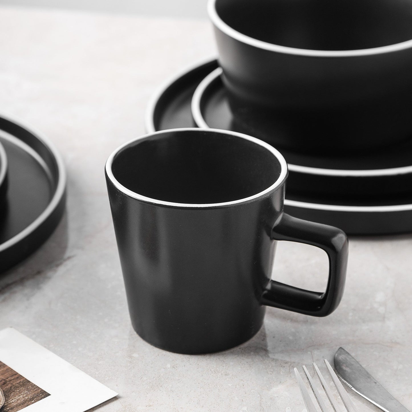 Allison Stoneware Dinnerware Set - Black Matte, White Rim