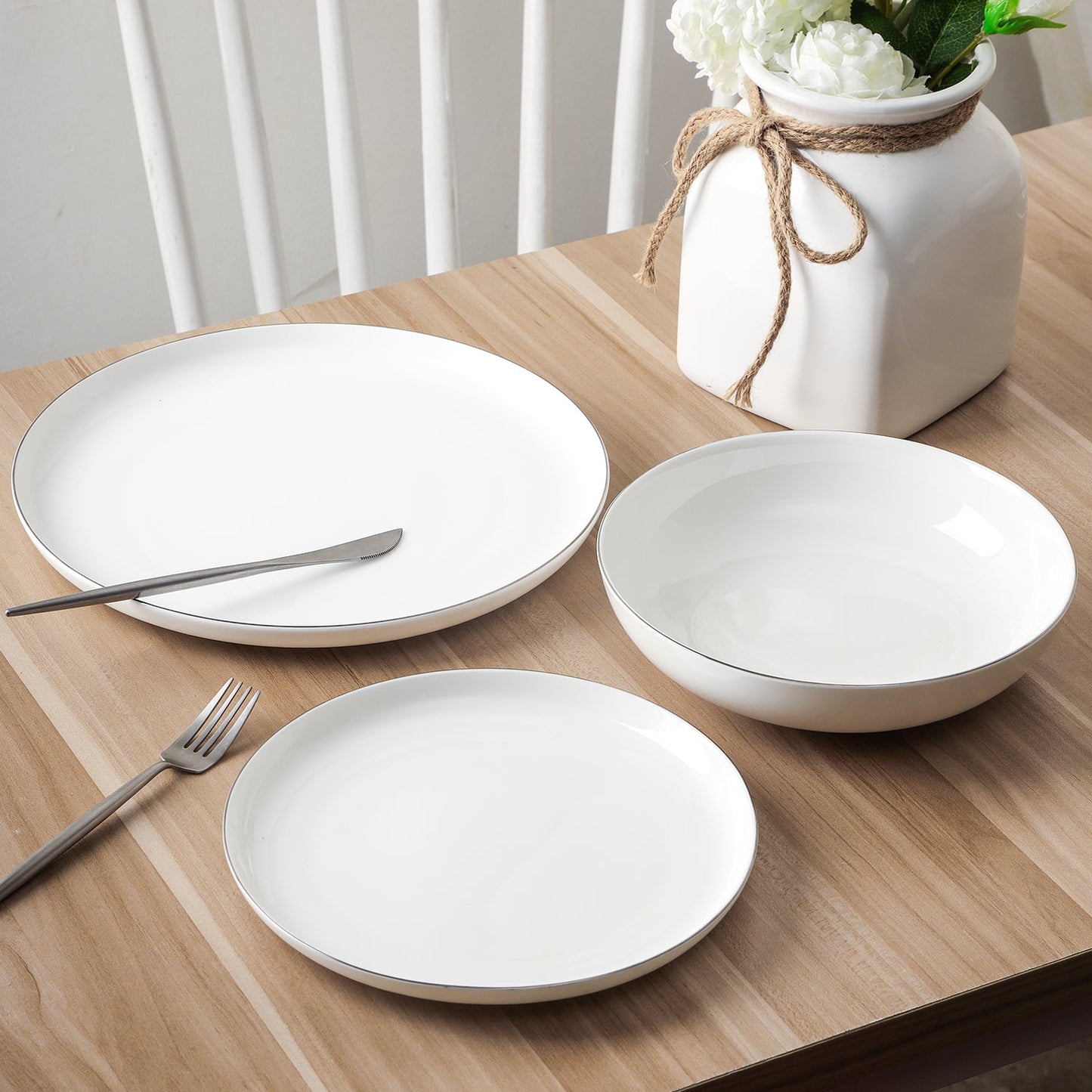 Gabrielle Bone China Dinnerware Set - White And Platinum
