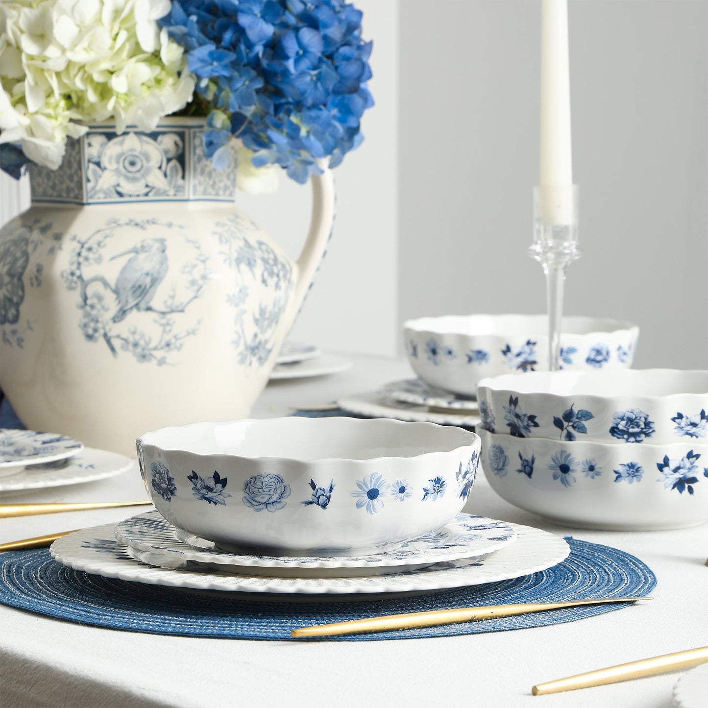 Stone Lain Fiore New Bone China 12-Piece Dinnerware Set, Blue