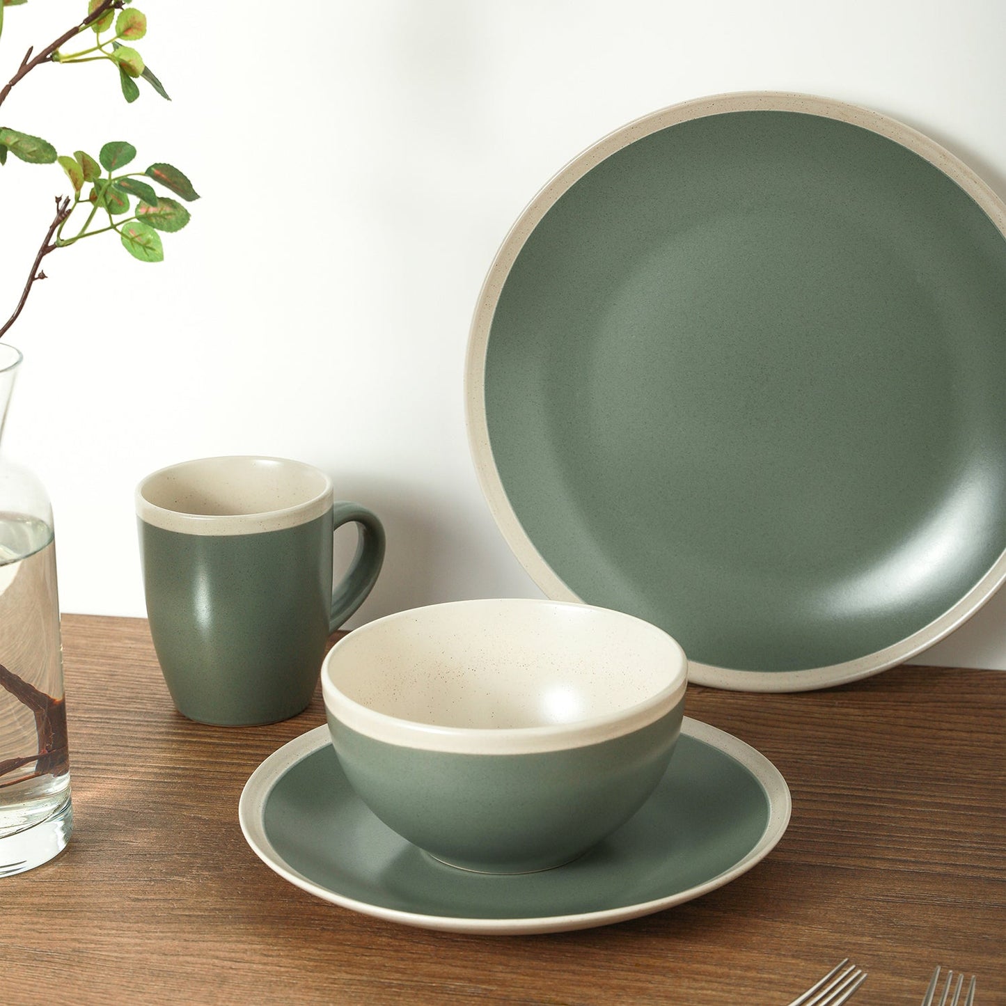 Serenity Stoneware Dinnerware Set - Green And Cream