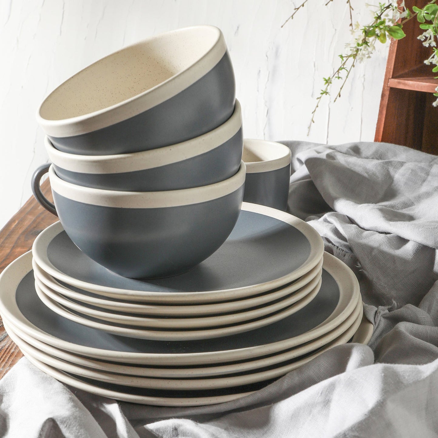 Serenity Stoneware Dinnerware Set - Dark Gray And Cream