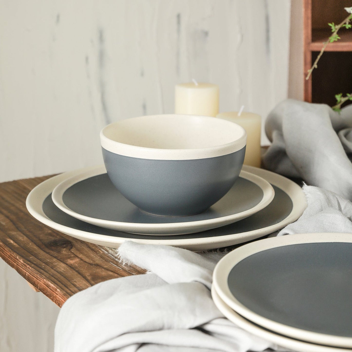 Serenity Stoneware Dinnerware Set - Dark Gray And Cream