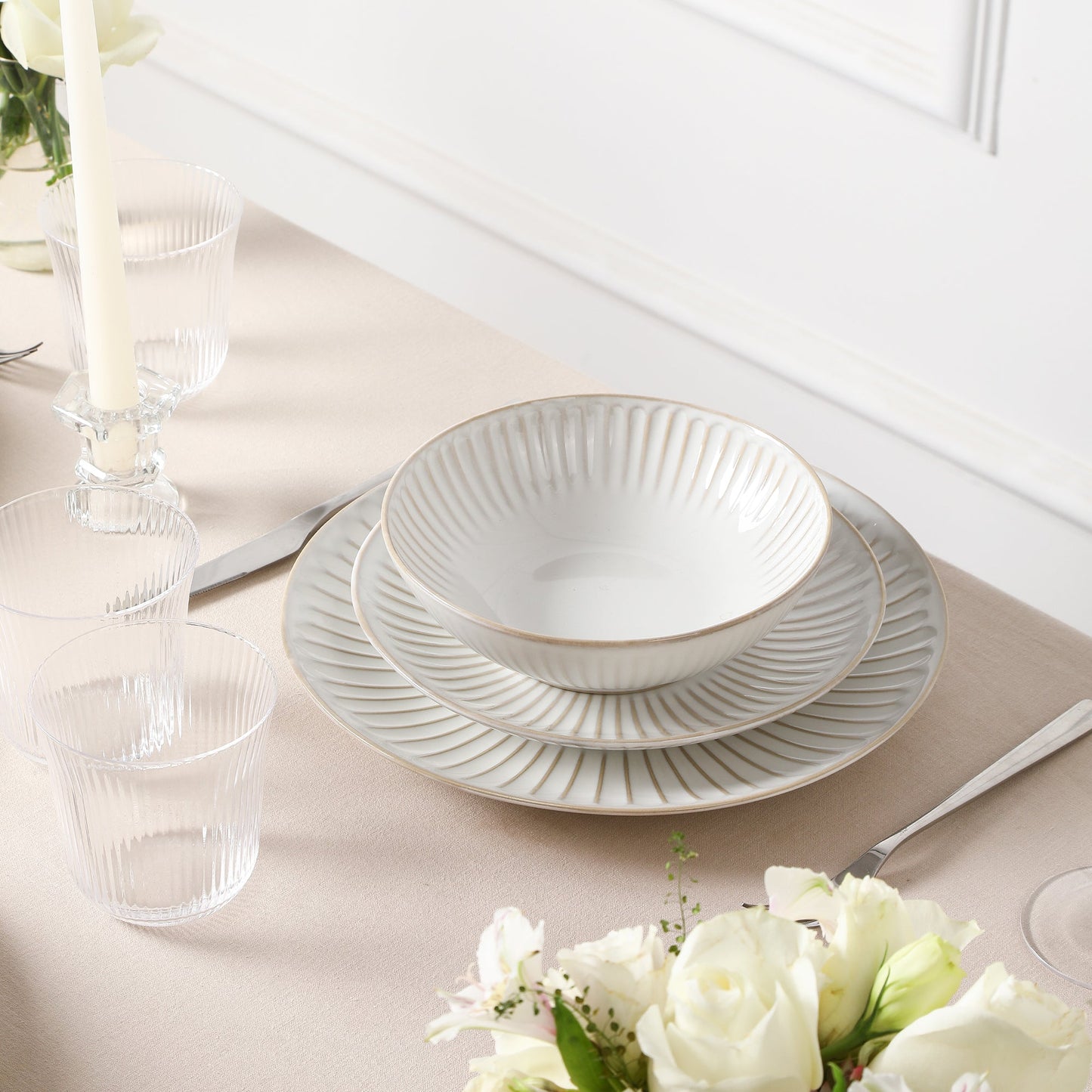 Stone Lain Linea Stoneware 16-Piece Dinnerware Set, Includes Glassware, White