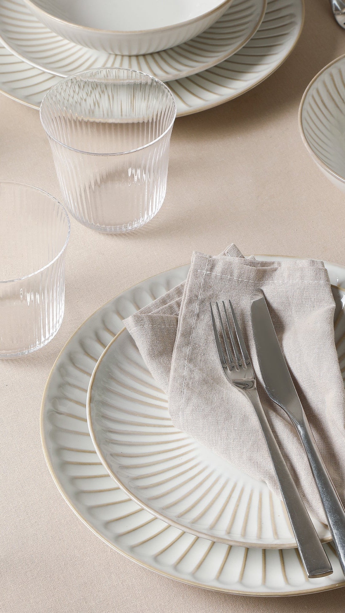 Stone Lain Linea Stoneware 16-Piece Dinnerware Set, Includes Glassware, White