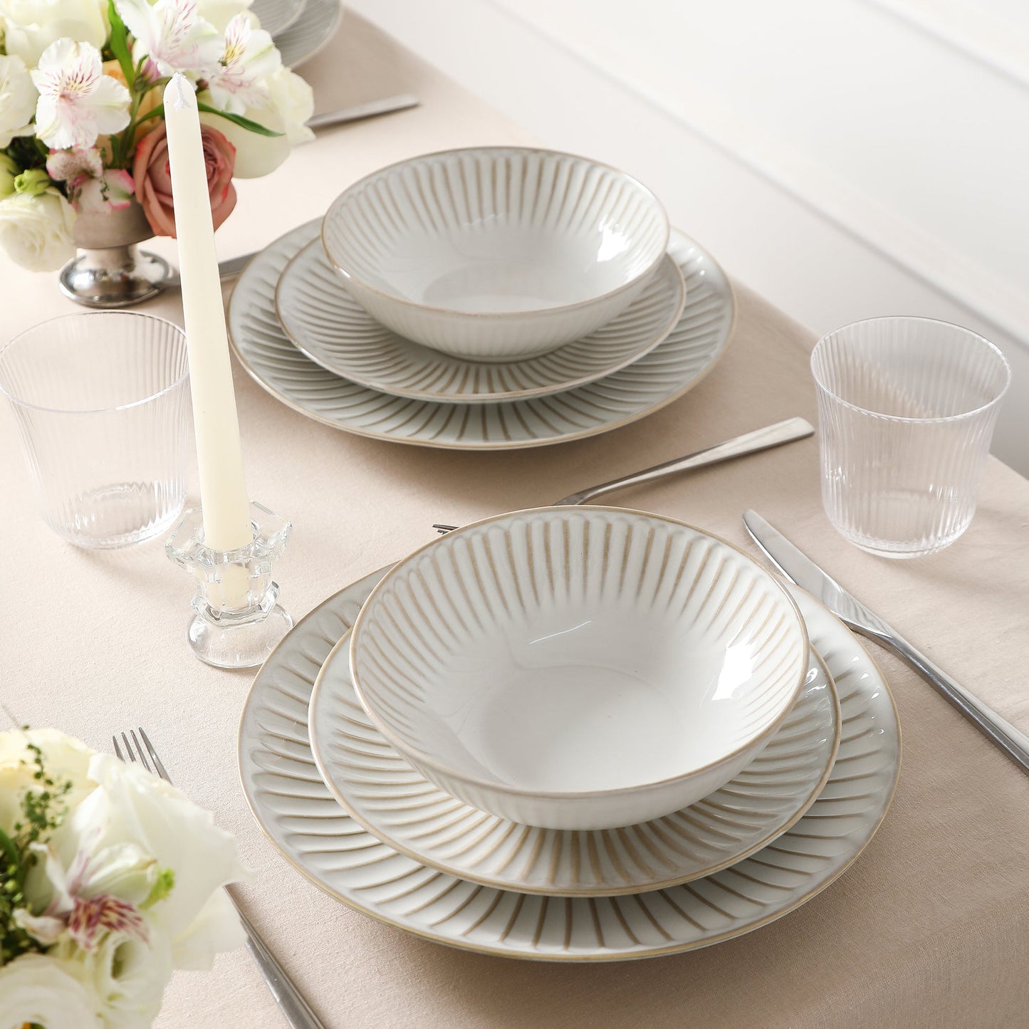 Stone Lain Linea Stoneware 16-Piece Dinnerware Set, Includes Glassware, White