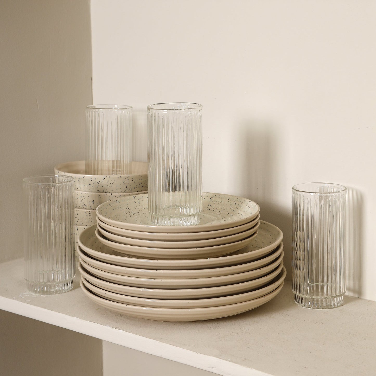 Stone Lain Dua Stoneware 16-Piece Dinnerware Set, Includes Glassware, White