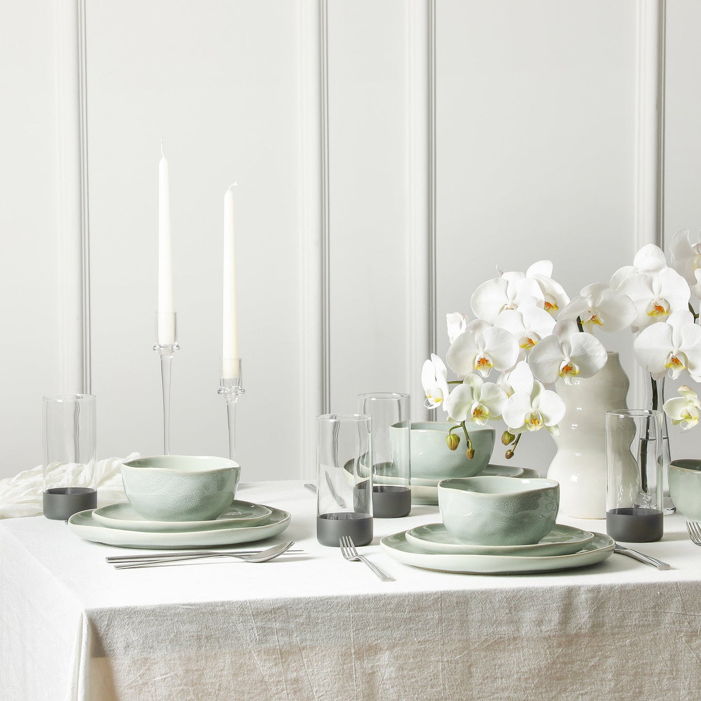 Stone Lain Mirella Stoneware Dinnerware Set, Includes Glasses, Light Green