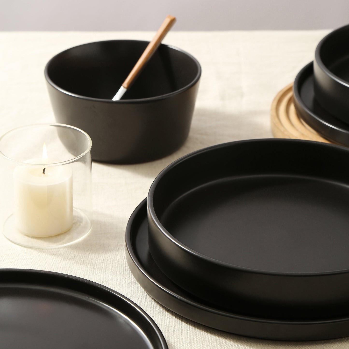 Celina Stoneware Dinnerware Set, Cereal and Dinner Bowls - Black