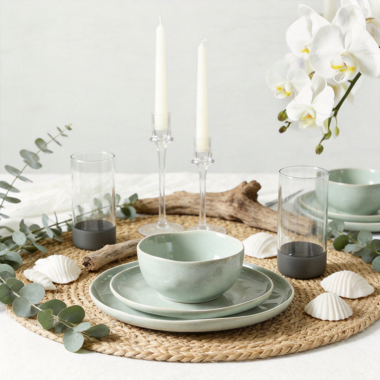 Stone Lain Mirella Stoneware Dinnerware Set, Includes Glasses, Light Green