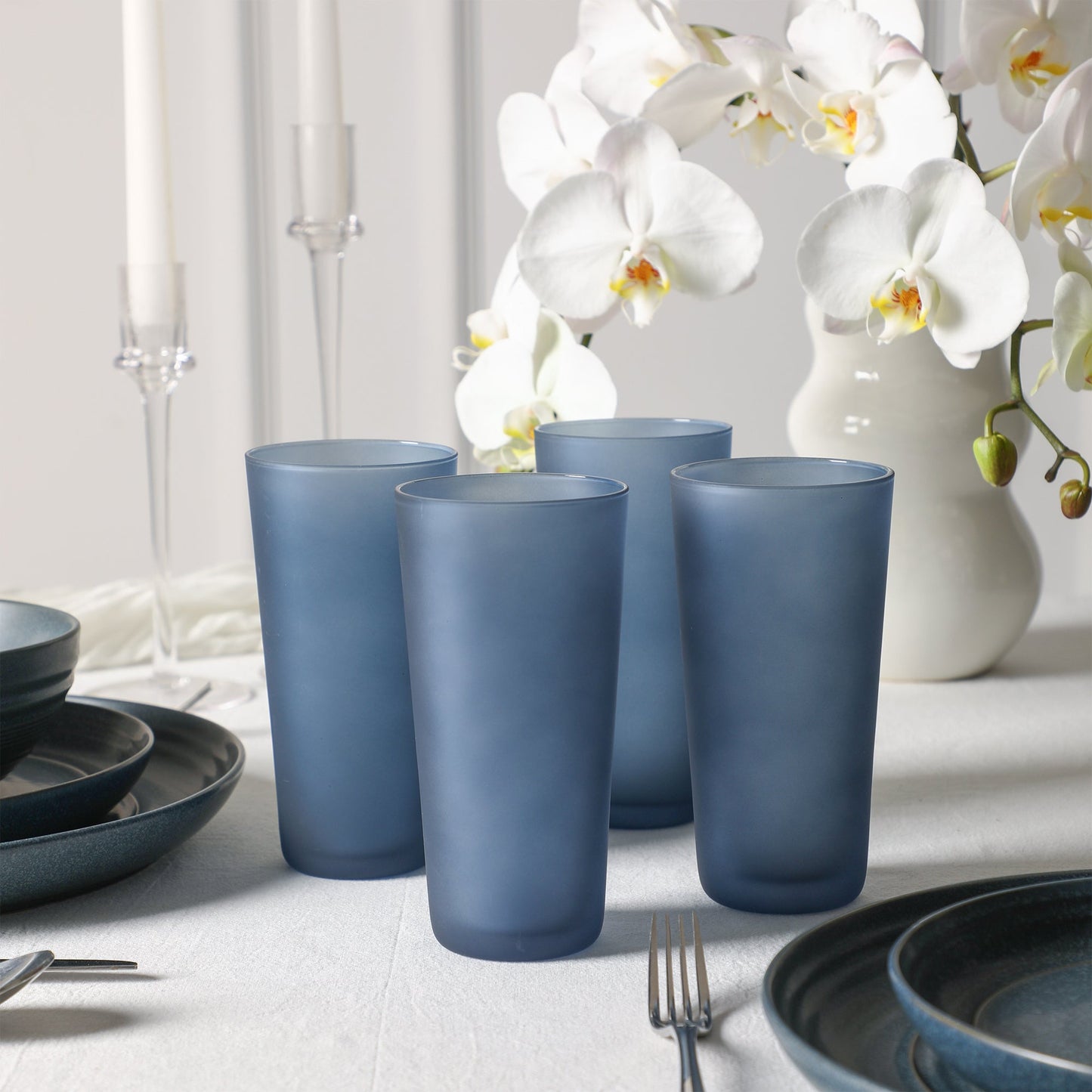 Elio Stoneware Dinnerware Set With Glassware - Blue