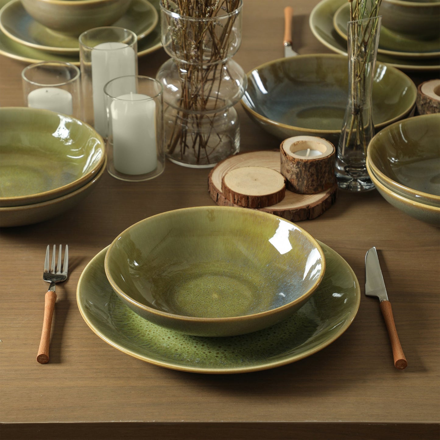 Riley Stoneware Dinnerware Set wiht Pasta Bowls - Green and Blue