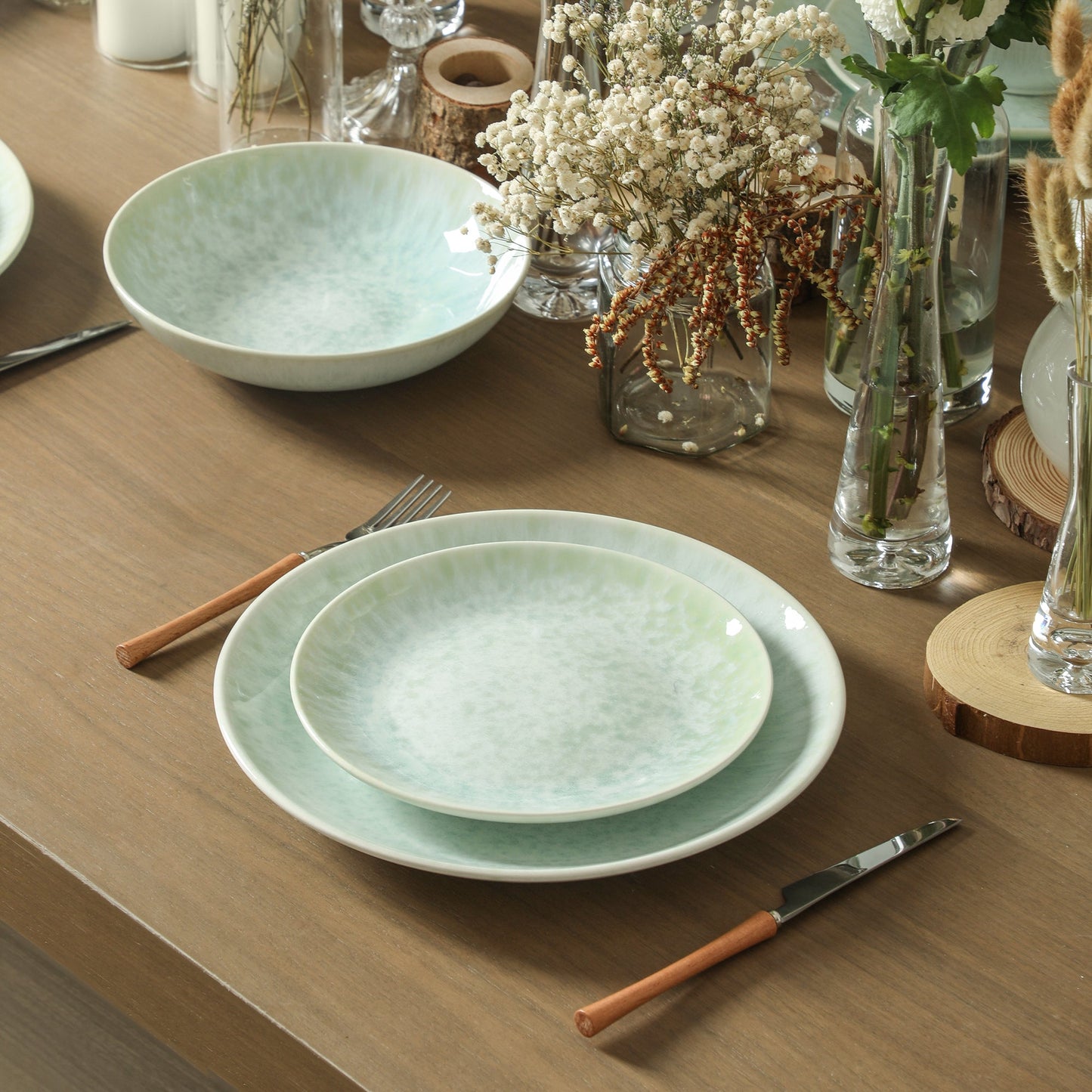Riley Stoneware Dinnerware Set with Pasta Bowls - Seafoam