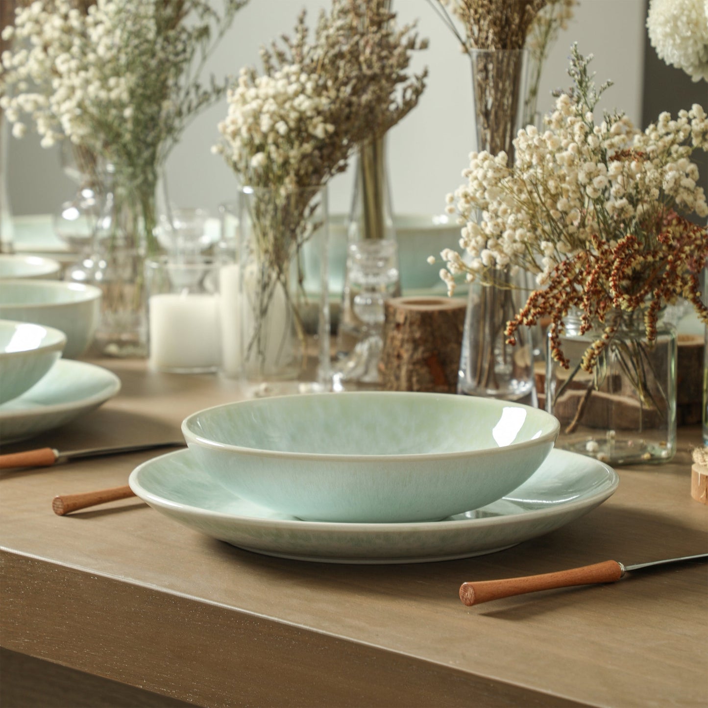 Riley Stoneware Dinnerware Set with Pasta Bowls - Seafoam