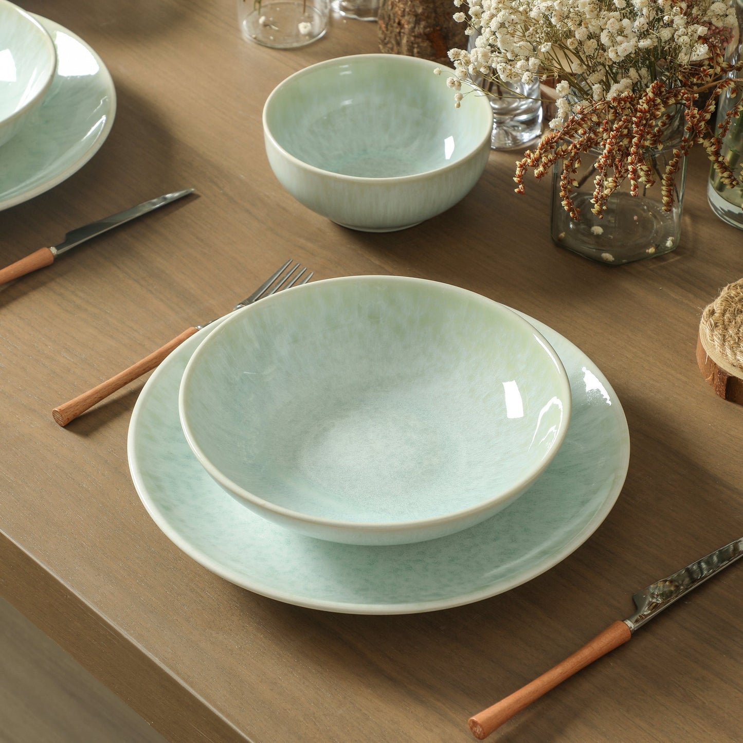 Riley Stoneware Dinnerware Set with Pasta Bowls - Seafoam