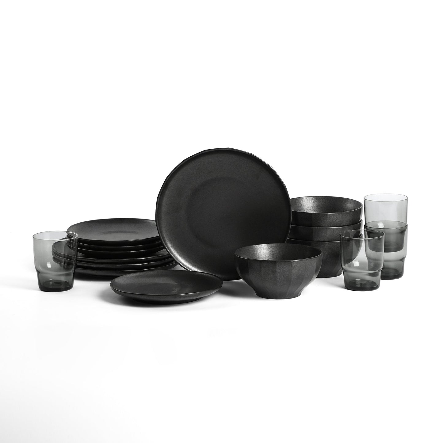 Rio Stoneware Dinnerware Set with Glassware - Black
