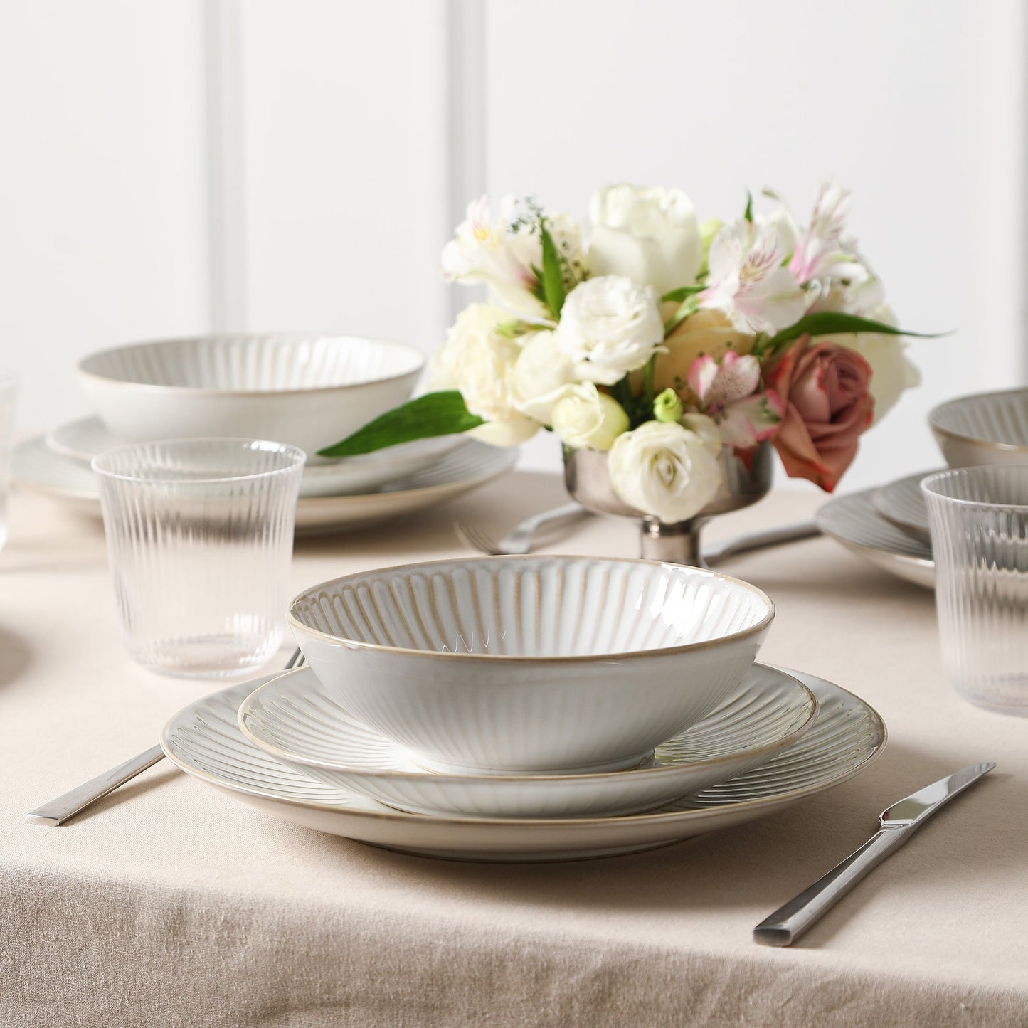 Stone Lain Linea Stoneware 16-Piece Dinnerware Set, Includes Glassware, White