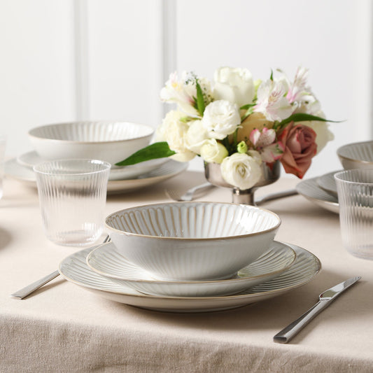 Stone Lain Linea Stoneware 16-Piece Dinnerware Set, Includes Glassware, White