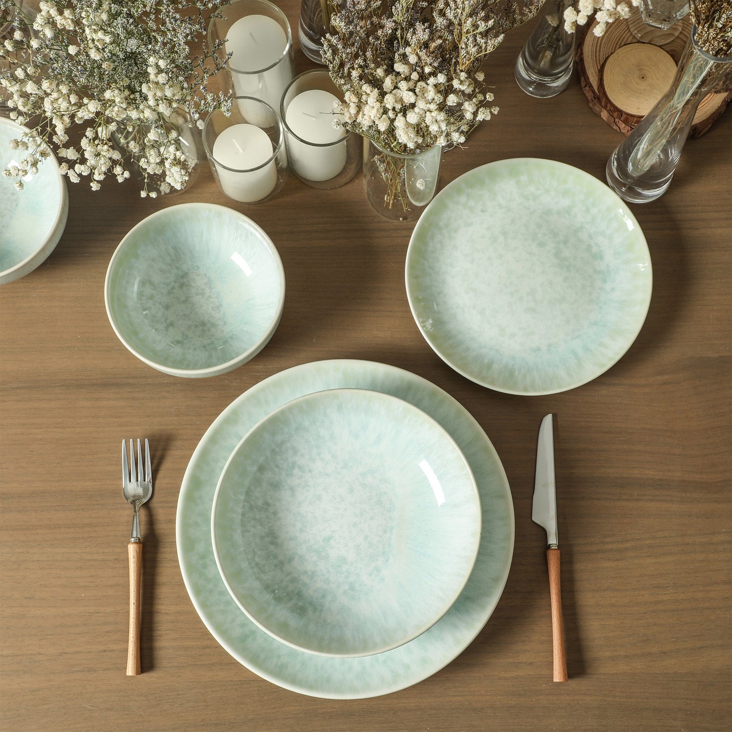 Riley Stoneware Dinnerware Set with Pasta Bowls - Seafoam
