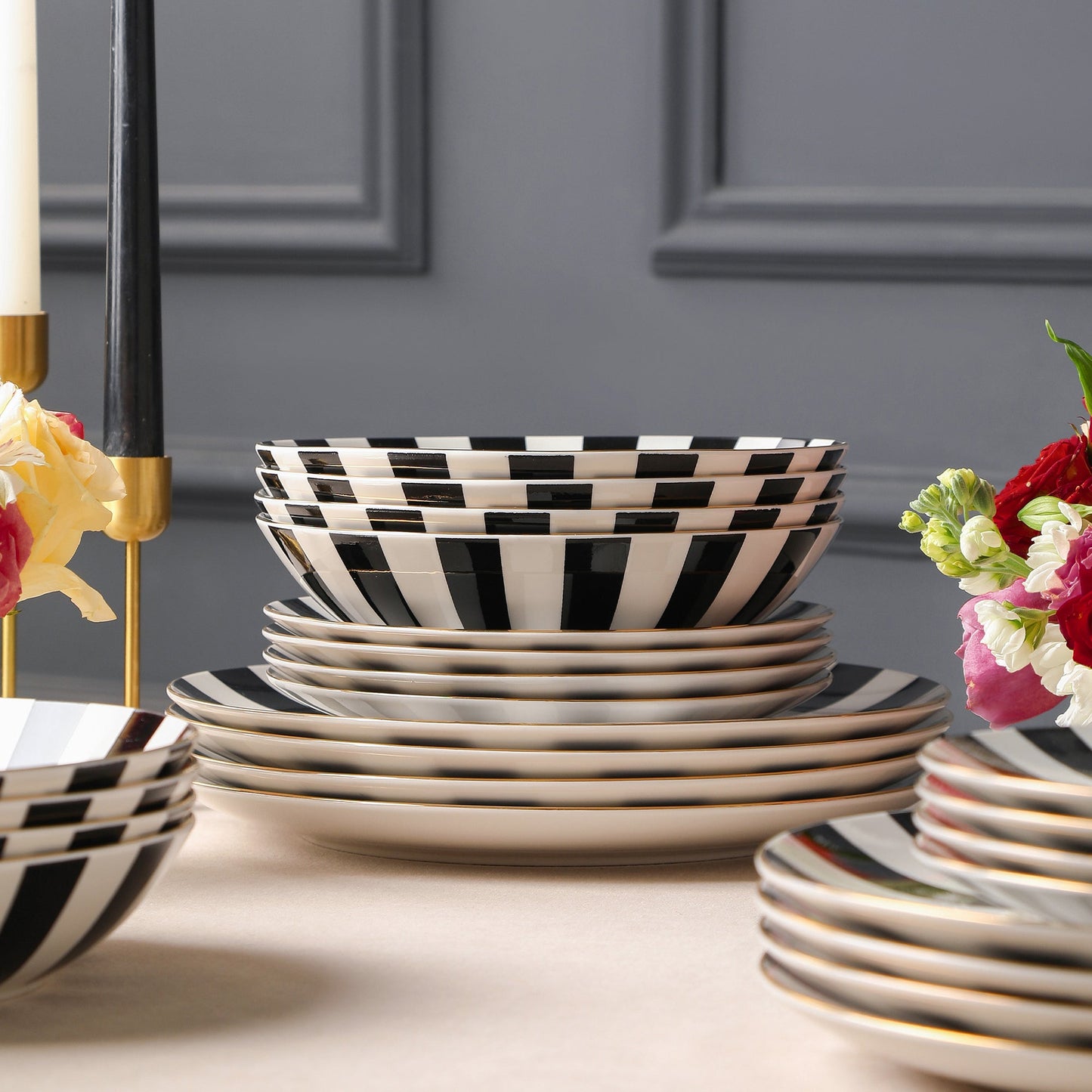 Empire Porcelain Dinnerware Set - Black and White and Gold