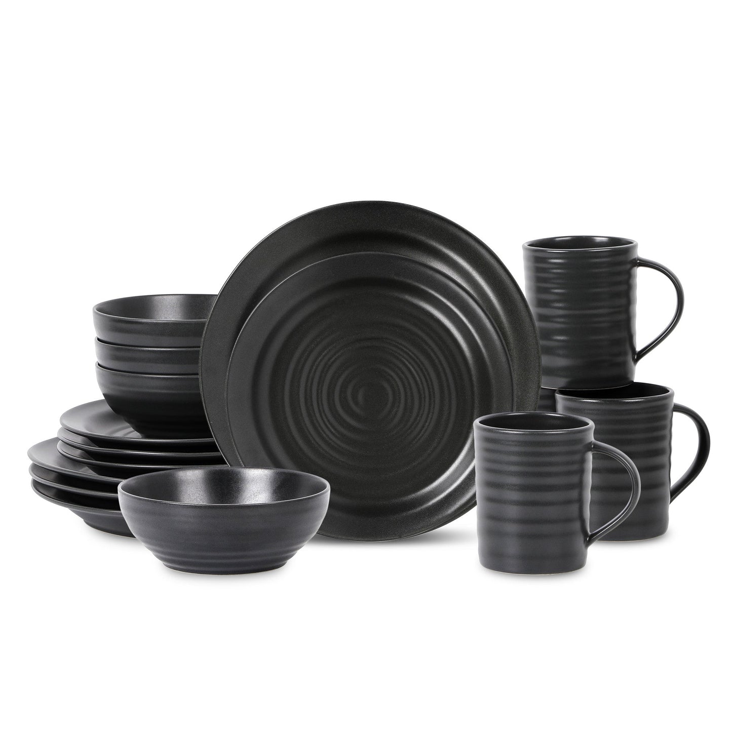 Orbit Stoneware Dinnerware Set with Cereal Bowls and Mugs - Charcoal