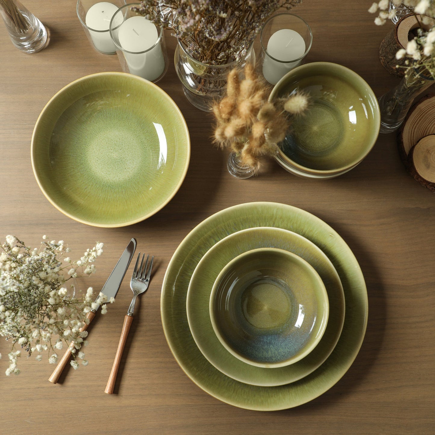 Riley Stoneware Dinnerware Set wiht Pasta Bowls - Green and Blue