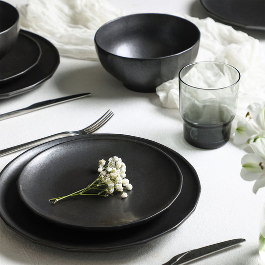 Rio Stoneware Dinnerware Set with Glassware - Black