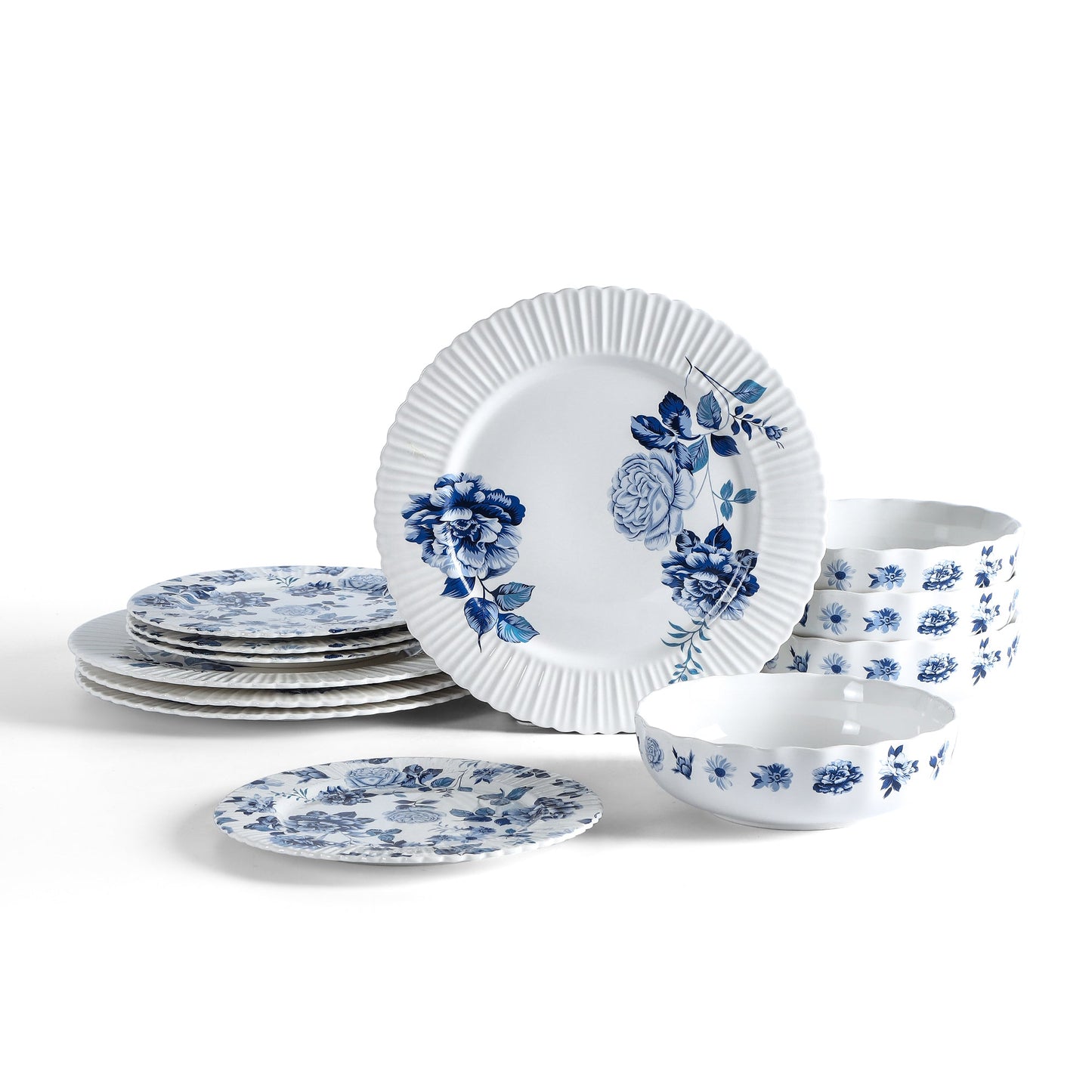 Stone Lain Fiore New Bone China 12-Piece Dinnerware Set, Blue