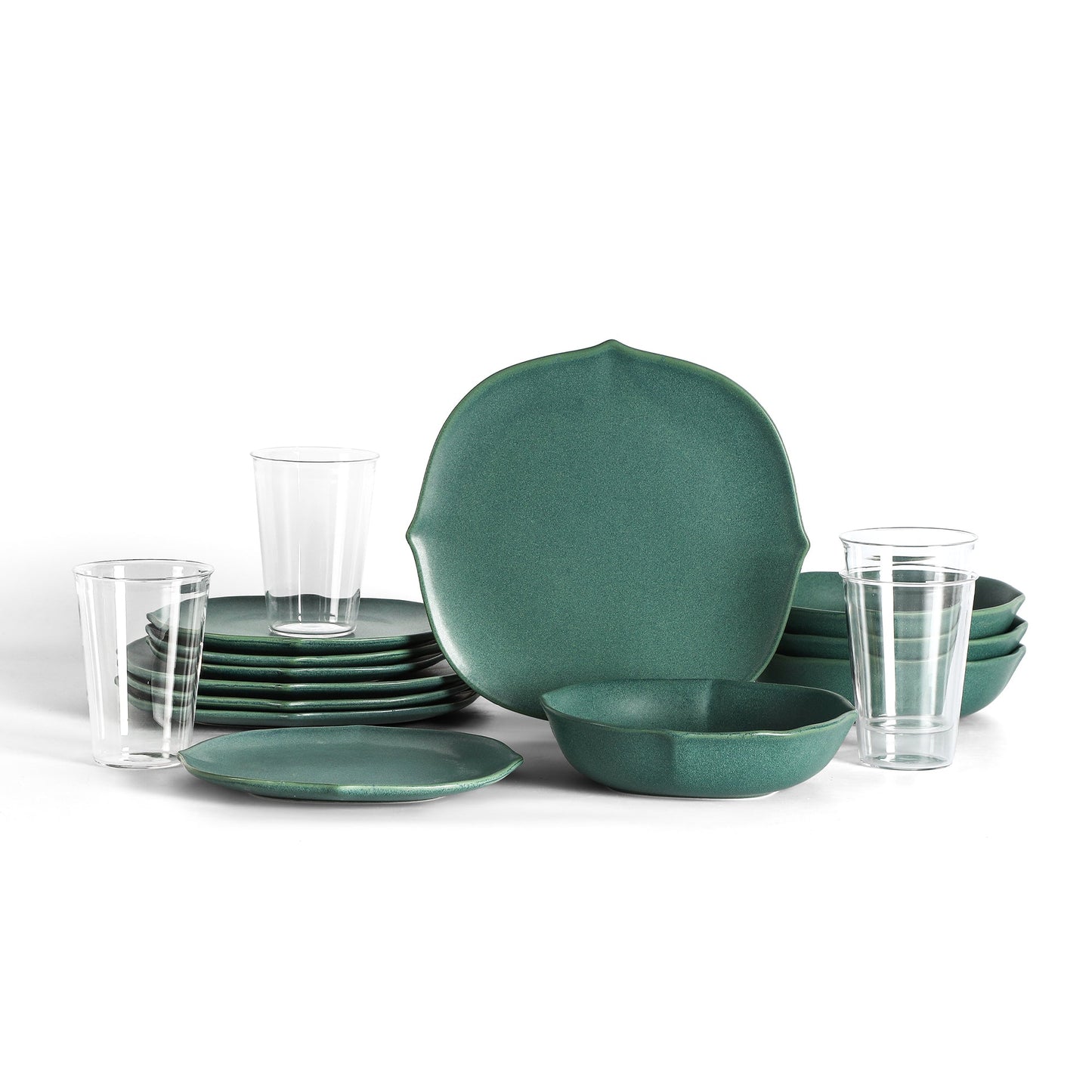 Baskerville Stoneware, Borosilicate Glass Dinnerware Set - Green